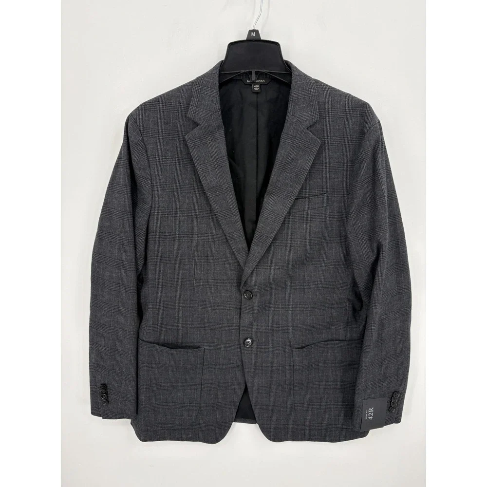 Banana Republic Blazer Mens 42R Gray Slim Fit Plaid Glen Check Sport Coat Jacket